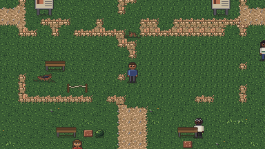 Tomás em um cenário do jogo com caminhos de terra, vegetação e vestígios de construções missioneiras.